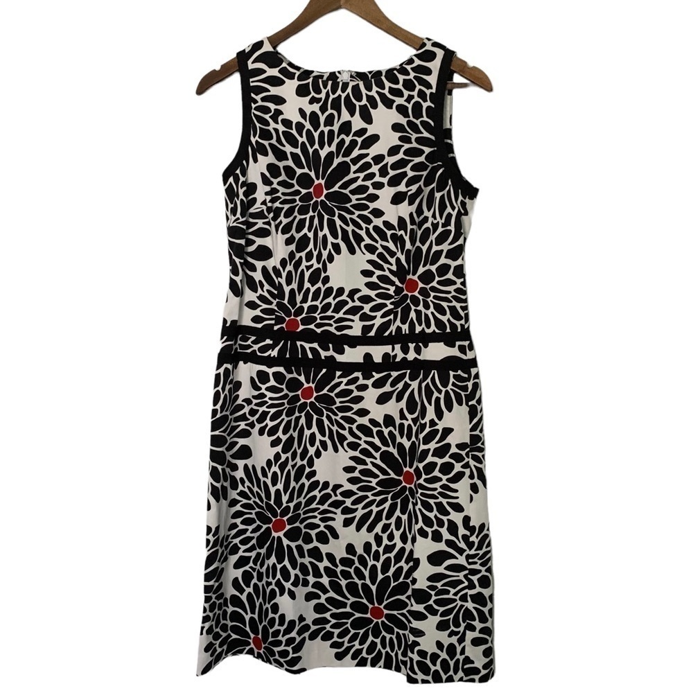 Talbots Black & White Daisy Cotton Sleeveless Retro Sheath Dress Sz 8